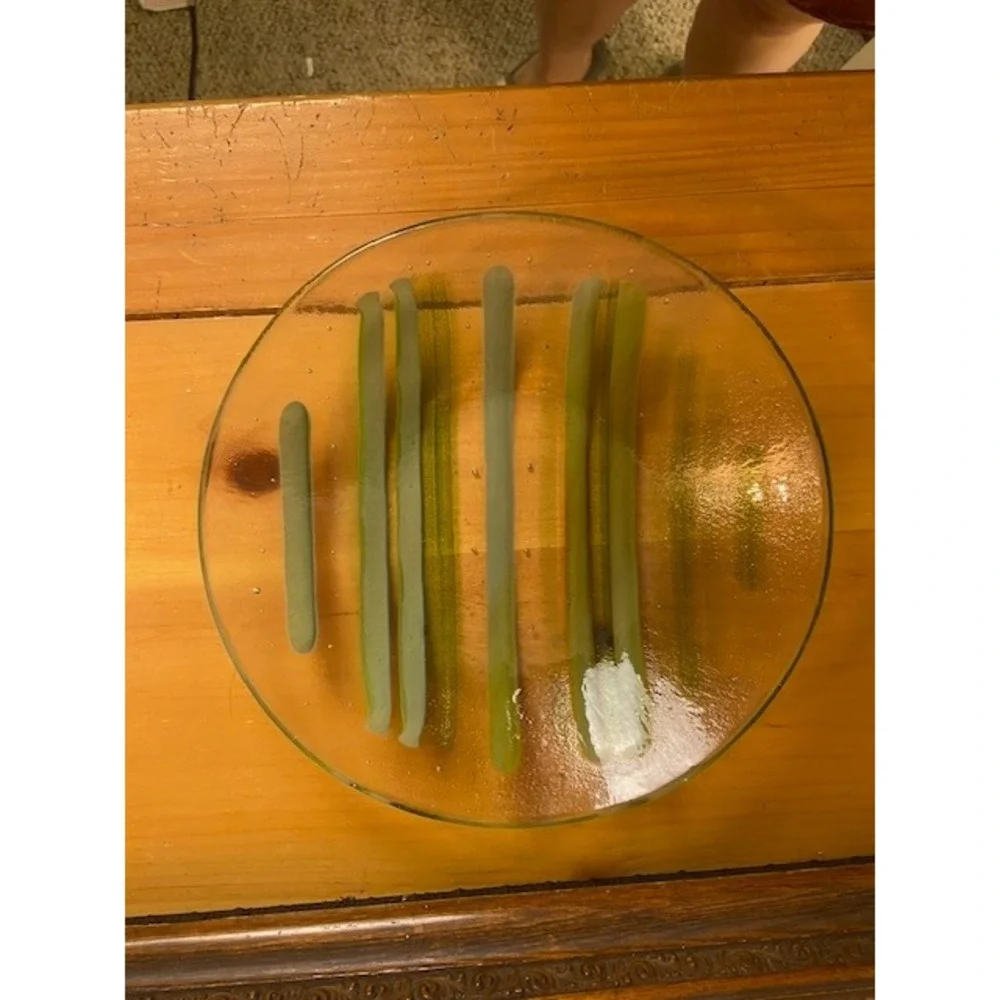 Green Striped Fused Glass Decorative Bowl Round 9.25 Inch Modern Art Centerpiece